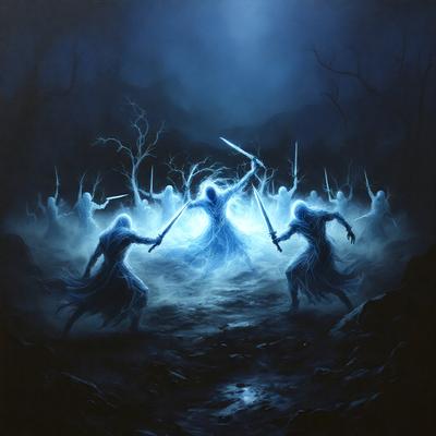 The primary subject of the image is a group of ghostly figures, possibly wizards or warriors, standing in a dark, foggy environment. They are holding swords and appear to be engaged in a battle or confrontation. The setting is a rocky, misty landscape, with a sense of danger and mystery. The visual style is a digital art or illustration, with the use of colors and lighting to create a dramatic and atmospheric scene.